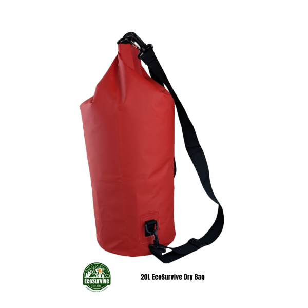 20L EcoSurvive dry bag fully packed and buckled closed for waterproof storage
