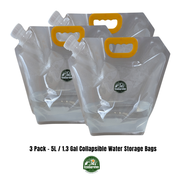 Three upright EcoSurvive 1.3-gallon collapsible water bags filled with water and featuring black carry handles