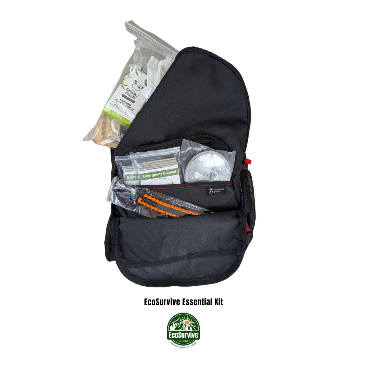 EcoSurvive Essentials Kit partially open showing reusable and sustainable emergency gear