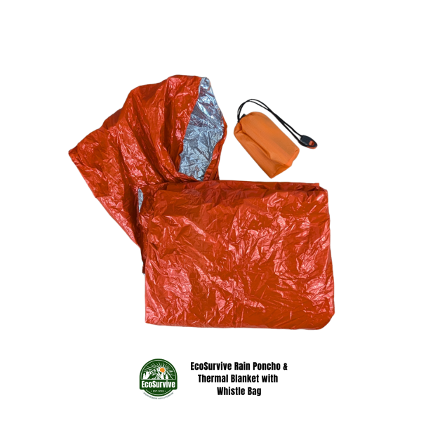 Emergency thermal poncho folded with whistle-equipped storage bag.