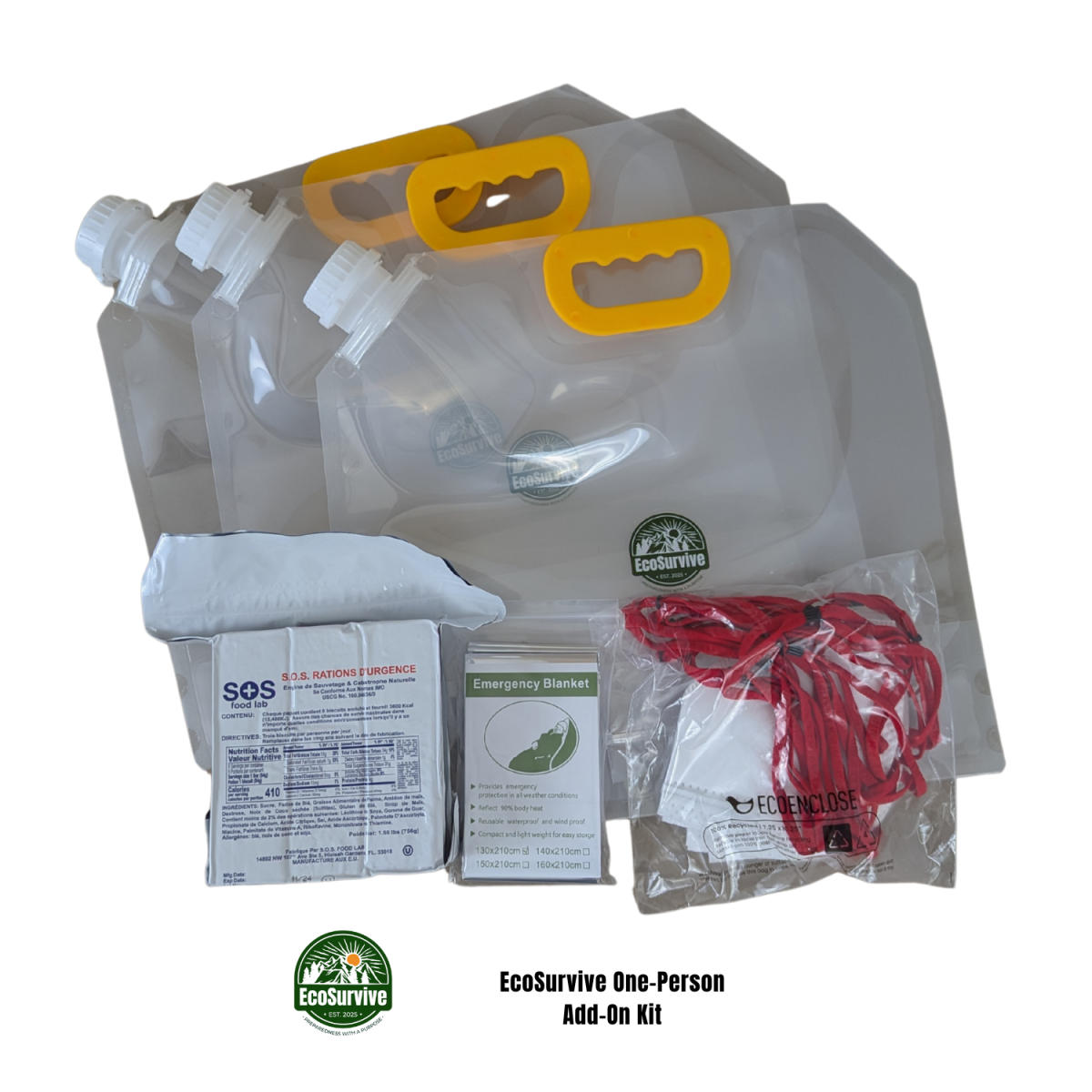 EcoSurvive One-Person Emergency Add-On Kit with water bags, food bar, Mylar blanket, and N95 masks