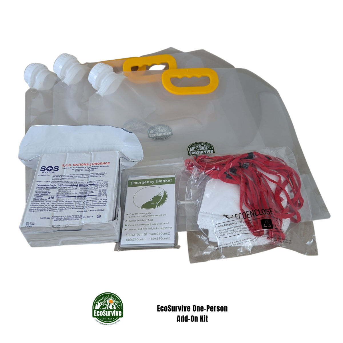 EcoSurvive One-Person Emergency Add-On Kit with water bags, food bar, Mylar blanket, and N95 masks