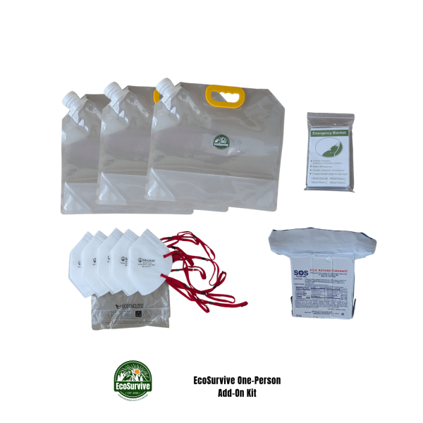 EcoSurvive One-Person Emergency Add-On Kit with water bags, food bar, Mylar blanket, and N95 masks
