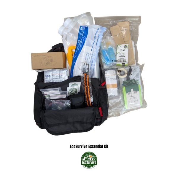 EcoSurvive Essentials Kit open with eco-conscious emergency supplies inside