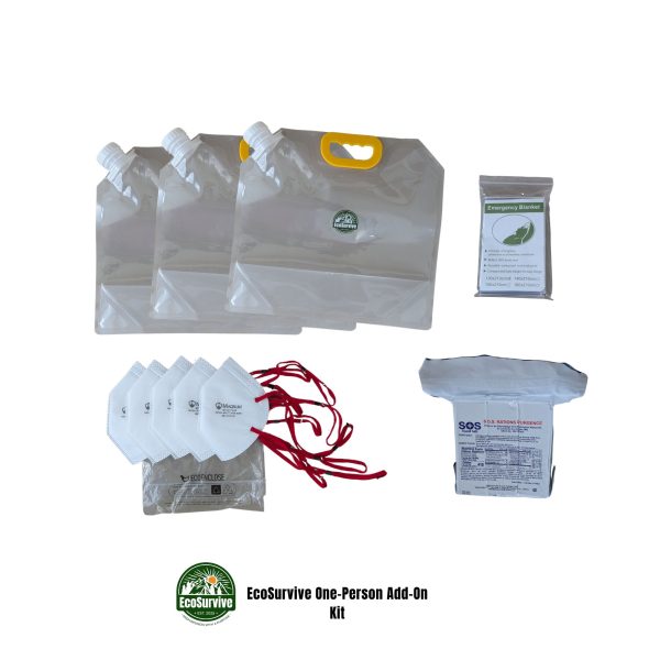 EcoSurvive One-Person Emergency Add-On Kit with water bags, food bar, Mylar blanket, and N95 masks