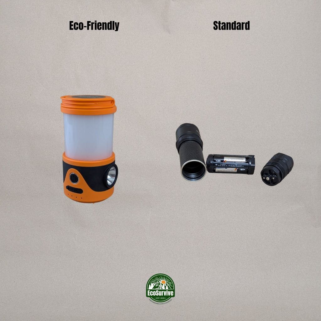 Rechargeable lantern compared to traditional flashlight that requires disposable batteries.