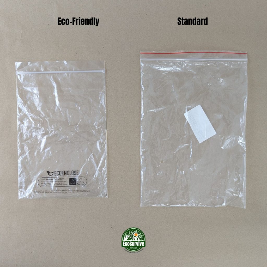 EcoEnclose recycled plastic mailer bag next to a regular plastic mailer.