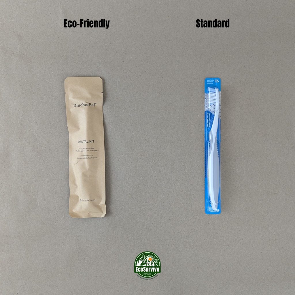 Bamboo toothbrush with paper packaging vs. plastic toothbrush with plastic packaging.